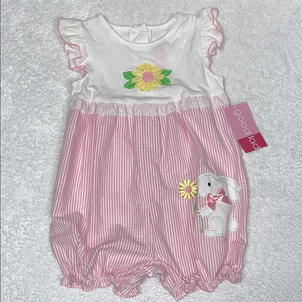 NWT Good Lad Pink White seersucker  Striped Baby bubble Romper  Bunny Flower 24m